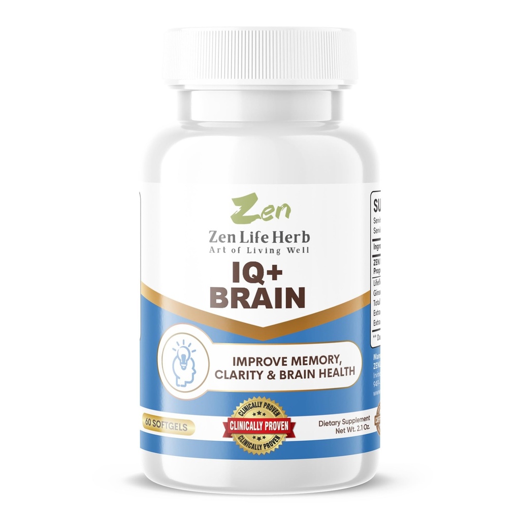 ZEN LIFE HERB IQ+ Hjerne - Koffeinfri, klinisk testet fokus, konsentrasjon, minne og energi, Naturlig plantebasert herbal Supplement, Ingen tilsatt vitaminer/Mineraler/Mushroom/Sugar (60 Softgels)