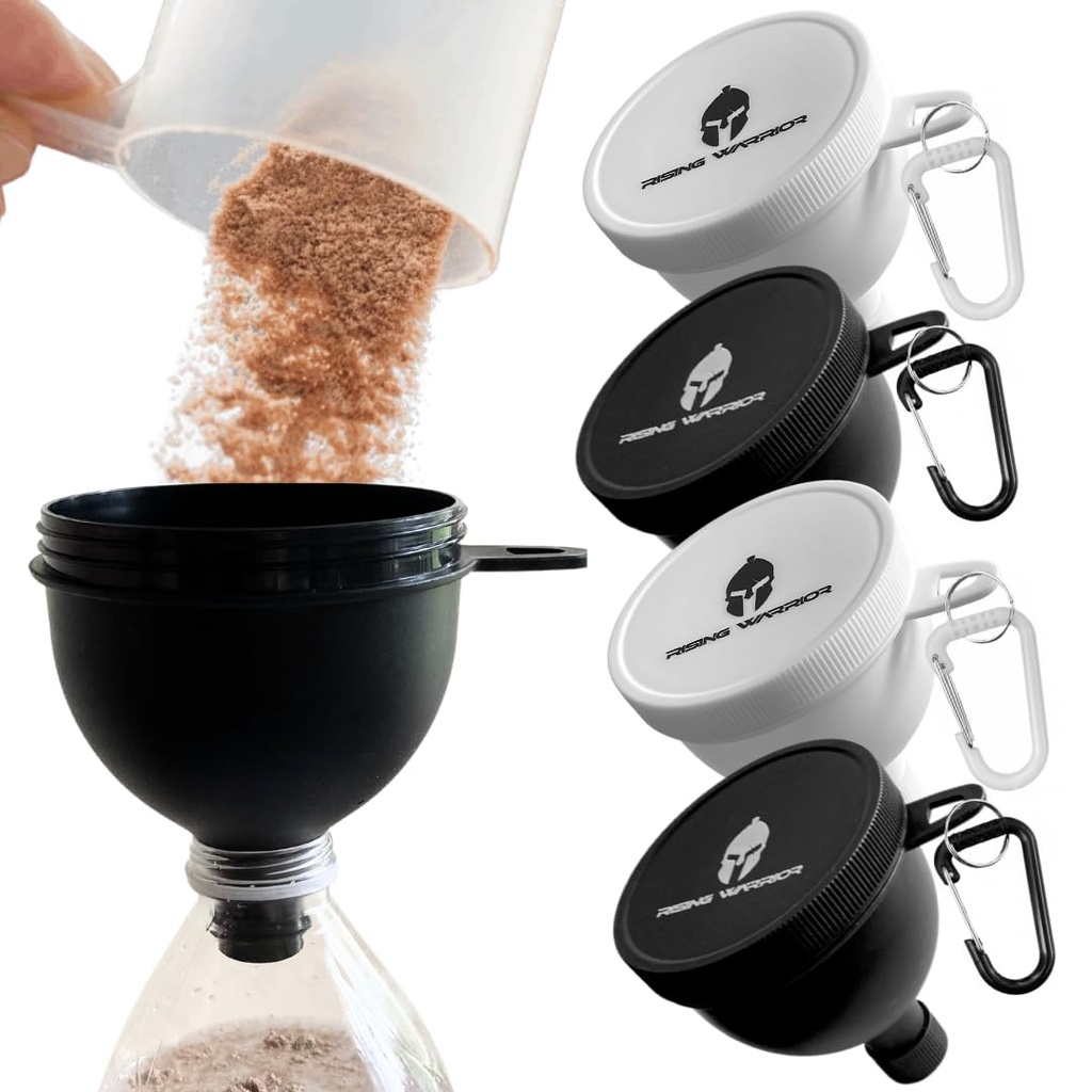 Protein Powder Funnel sett – 4 pakke bærbar vannflaske Funnel | Perfekt for pre-workout, BCAA og protein pulver | No-Mess, Keychain pulver container for trening, trening og reise