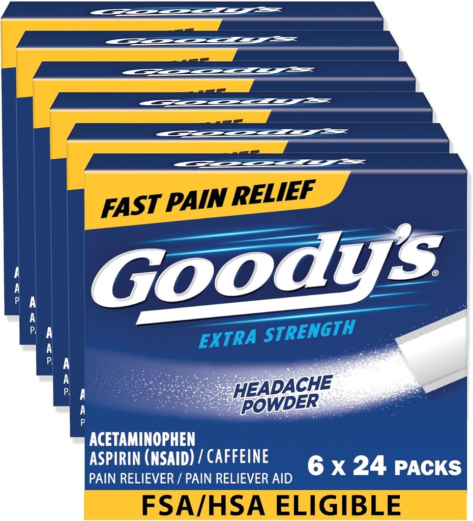 Goodys hodepine pulver ekstra styrke smertelindring, trippel handling hodepine relief med aspirin, acetaminophen og koffein, 24 greve, pakke med 6