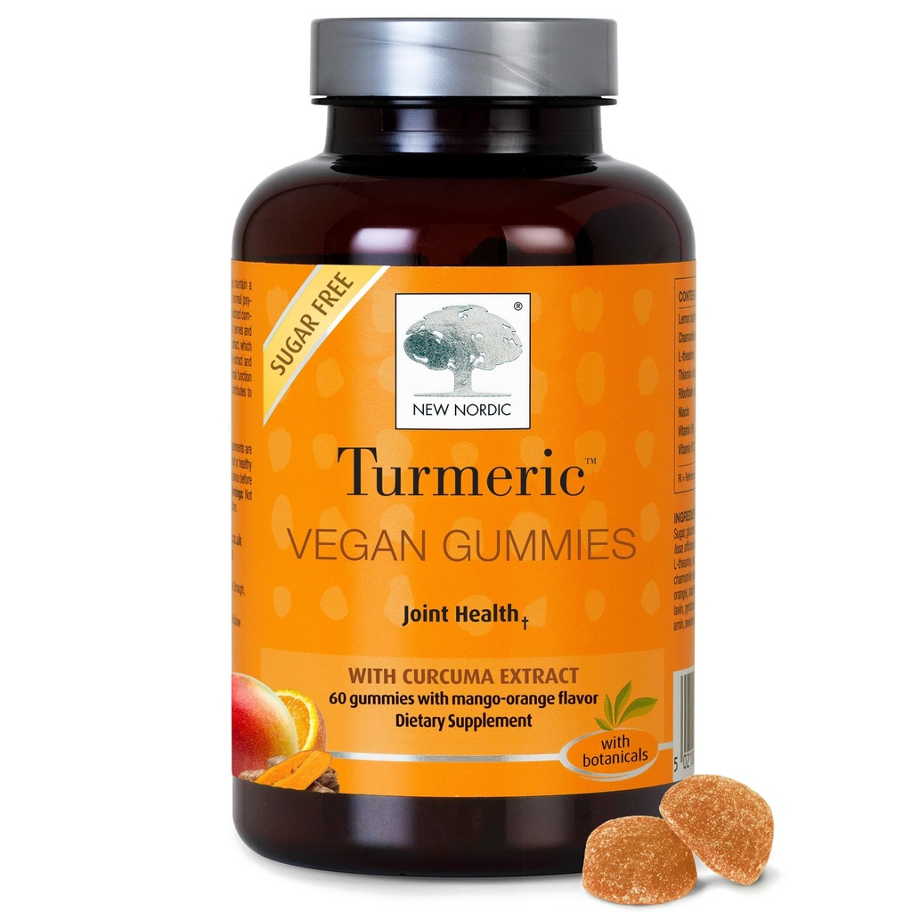 Ny NORDIC Turmeric Curcumin Gummies, sukkerfri, 300 mg gurkemeie Supplement for menn og kvinner, støtter normalt funksjonelle ledd, kne, skulder, mango orange, 60 greve