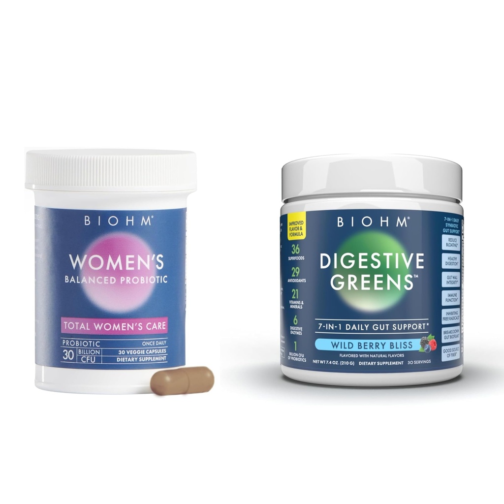 BIOHM Kvinners probiotika 30B CFU & Super Greens/Kids Berry Blast Bundle: Gut & total helsestøtte, 9 Strains, 30-dagers forsyning, rik på antioksidanter