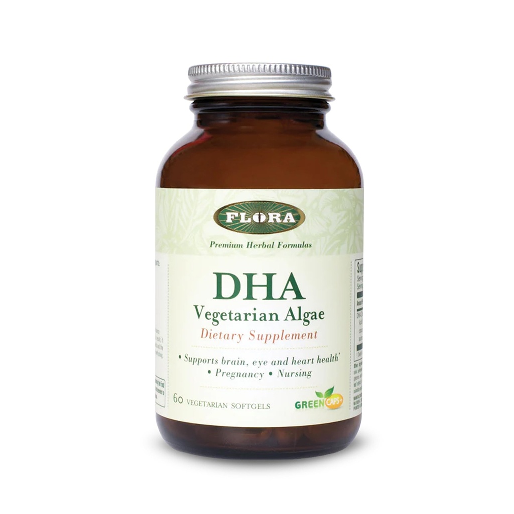 Flora - DHA Vegetarian Algae GreenCaps Plus - Hjerne og hjerte helse - Hjelper generell helse under svangerskapet - For hjernen og nervesystemet - gir Omega-3 - Vegan & bærekraftig - 60 vegetariske softgels