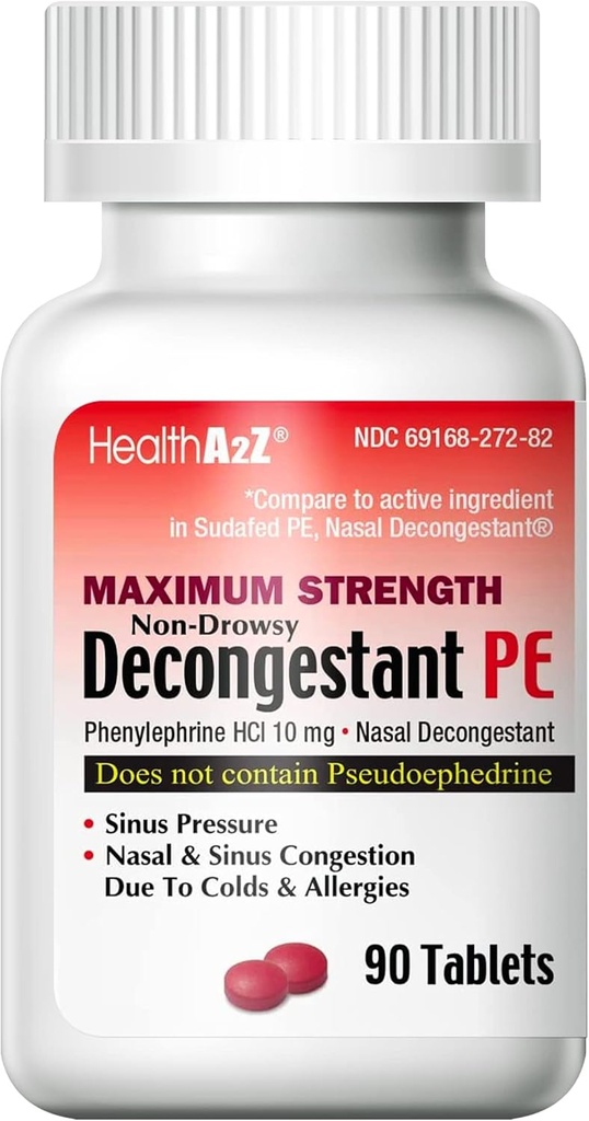 HealthA2Z® Decongestant PE | Phenylephrine HCl 10 mg | Maksimum styrke | Ikke-Drowsy Nasal & Sinus Congestion Relief på grunn av kalde og allergier (90 teller)