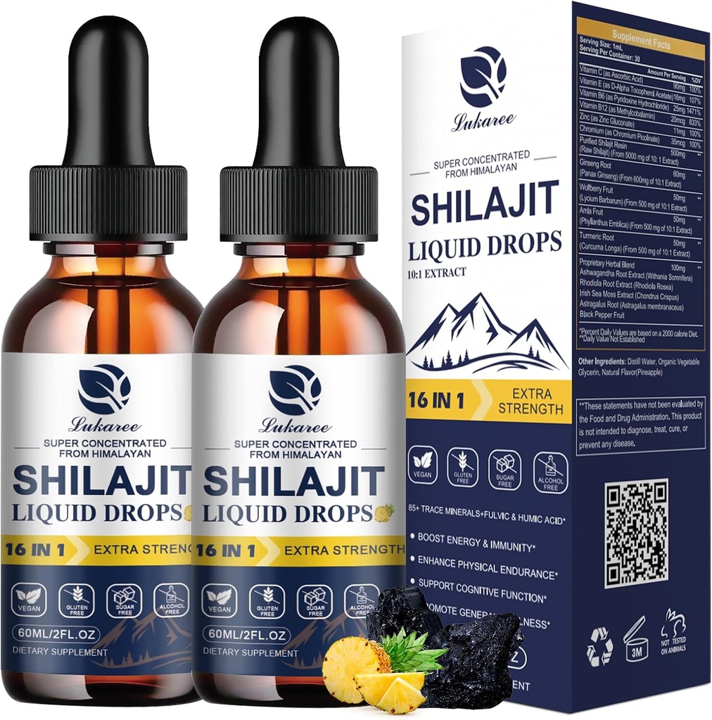 Lukaree 16-i-1 Shilajit dråper for menn og kvinner, Ashwagandha, Ginseng, Turmeric, Rhodiola, Amla, Sea Moss, flytende vitamin Supplement med 85+ Trace Minerals og Fulvic Acid, 2 FL Oz (2 pakke)