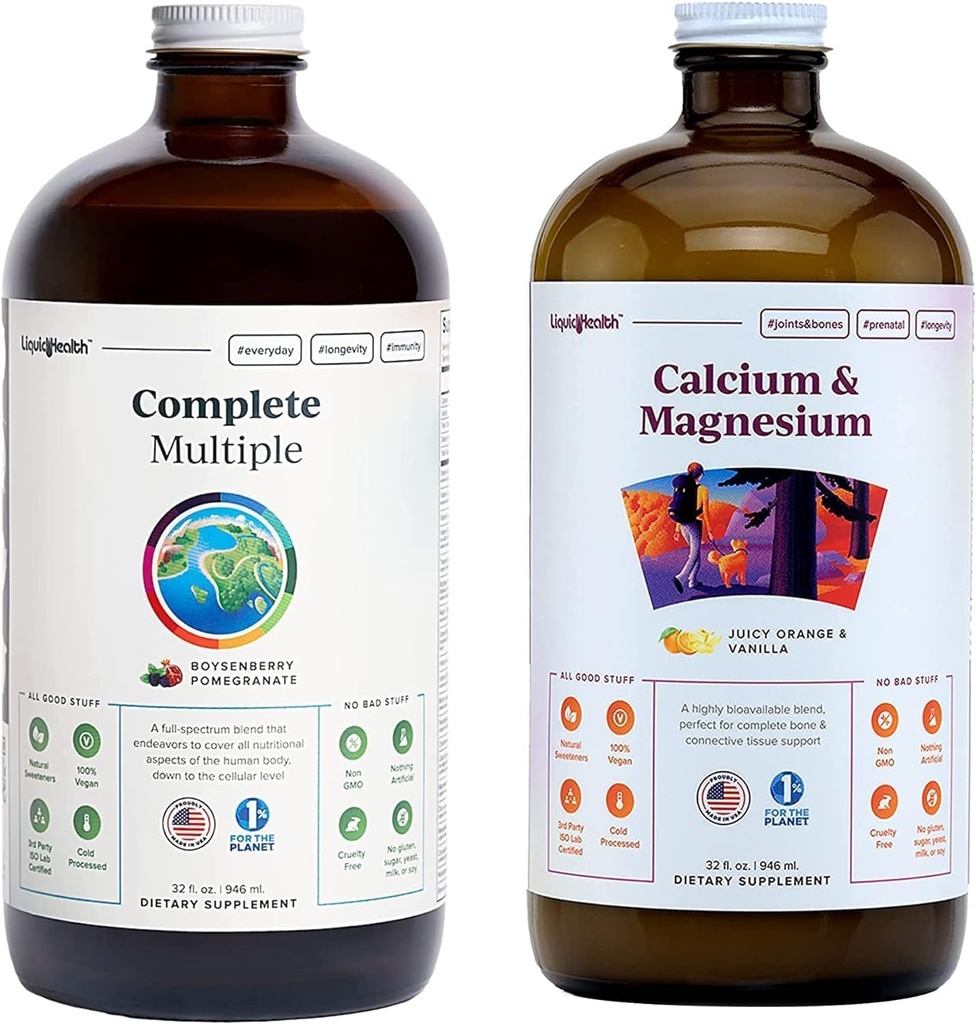 LIQUIDHEALTH Komplett flervitamin & kalsium og magnesium flytende vitaminbunn for voksne - hele kroppens helse, immunsystem, bein og felles støtte - Hele matvarer, vegan, ikke-GMO, USA laget