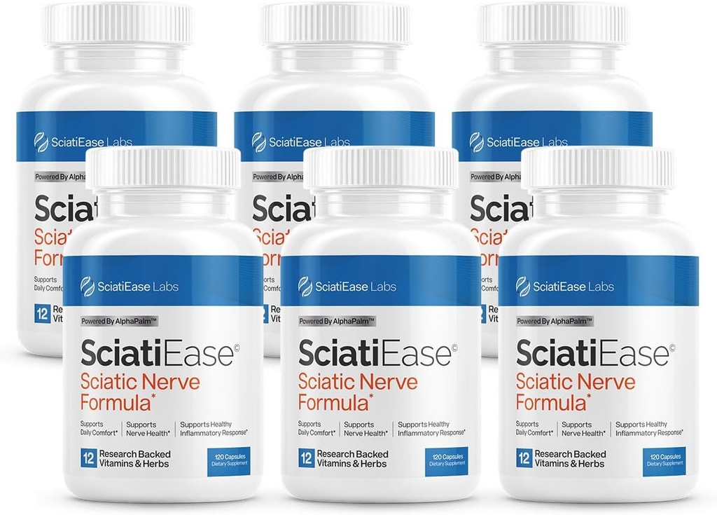 SciatiEase Sciatic Nerve Helse Støtte Supplement - Nerve Støtte Formula med AlphaPalm, Pea, vitamin B Kompleks, Alpha Lipoic Acid 300 mg - 6 flasker