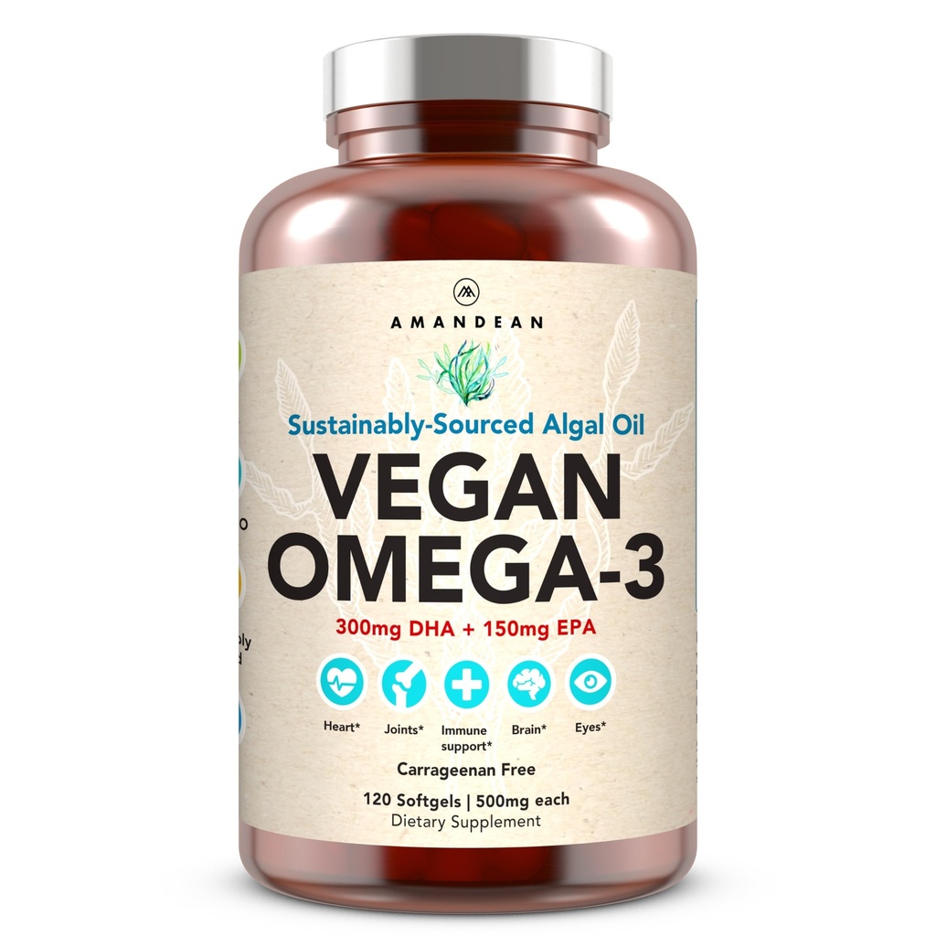 Amandean Vegan Omega 3 Supplement. Premium fiskeolje alternativ. Algae DHA & EPA. Carrageenan Free Softgels. Algal essensielle fettsyrer. Plantebasert hjerte, hjerne, øye, hud, immunstøtte. (120ct)