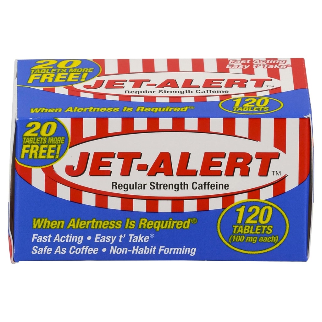 Jet-Alert Vanlig styrke Koffein 100 mg tabletter, verdistørrelse, 120 teller (pakke med 3)