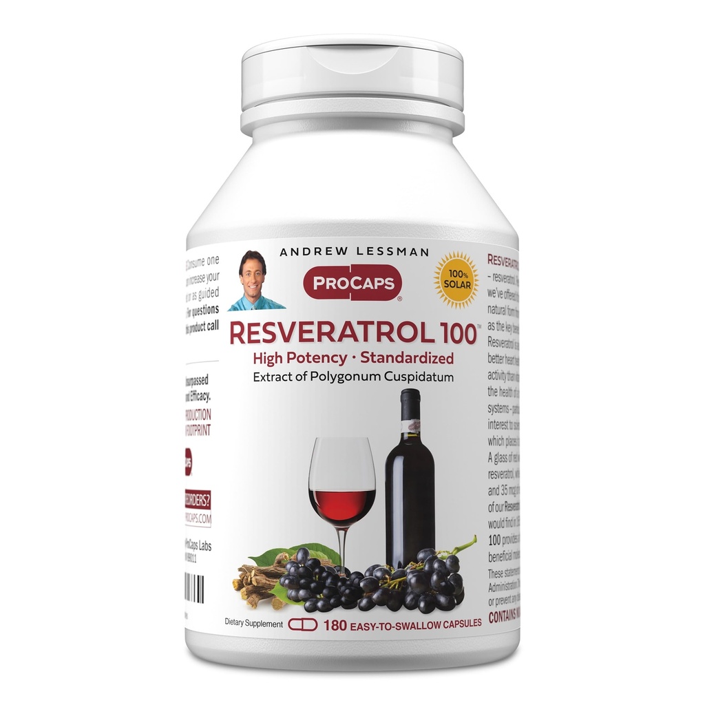 ANDREW LESSMAN Resveratrol-100mg - 180 kapsler - Rødvins beneficial, naturlig forekommende antioksidant, uten alkohol. Tilsetningsfri