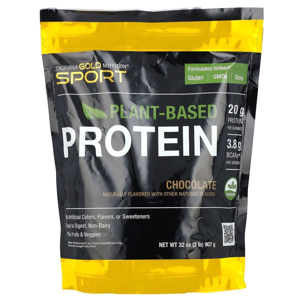 California Gold Nutrition Sport, Plantebasert protein med organisk brunt ris protein konsentrat, Flaksfrø, Chia frø, sjokolade, 2 lb (907 g)