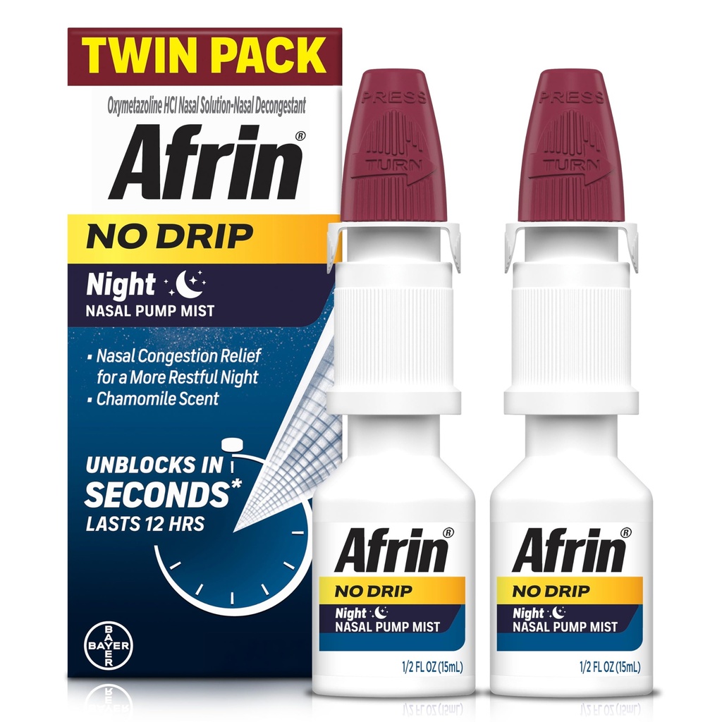 AFRIN Ingen Drip Night Nasal Mist Twin Pack, Ikke-Drowsy, Fast-Active Decongestant for hvilende søvn med kamille Scent, voksne og barn 6 og eldre, .5 fl oz (Pack of 2)