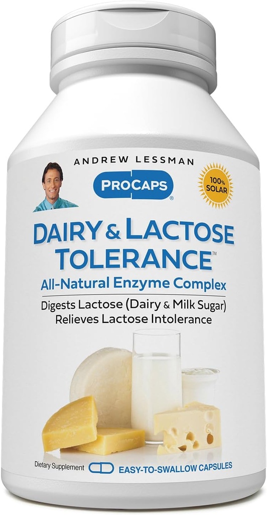 ANDREW LESSMAN Dairy and Lactose Tolerance 240 Capsules - Forbedrer naturlig Digestion av Dairy og Laktose. Milde, kraftige, all-naturlige enzymer bidrar til å unngå GI-forstyrrelser i Digestion. Ingen additiver