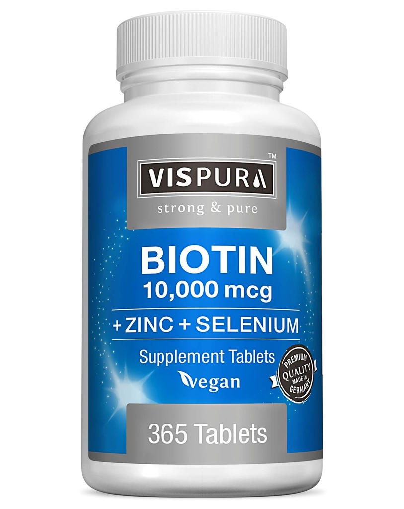 Biotin 10000 mcg + sink + selenium, ren, vegansk og ekstra sterk, beste supplement for hårvekst, glødende hud, sterke negler*, 365 tabletter i 12 måneder, naturlig uten tilsetningsmidler