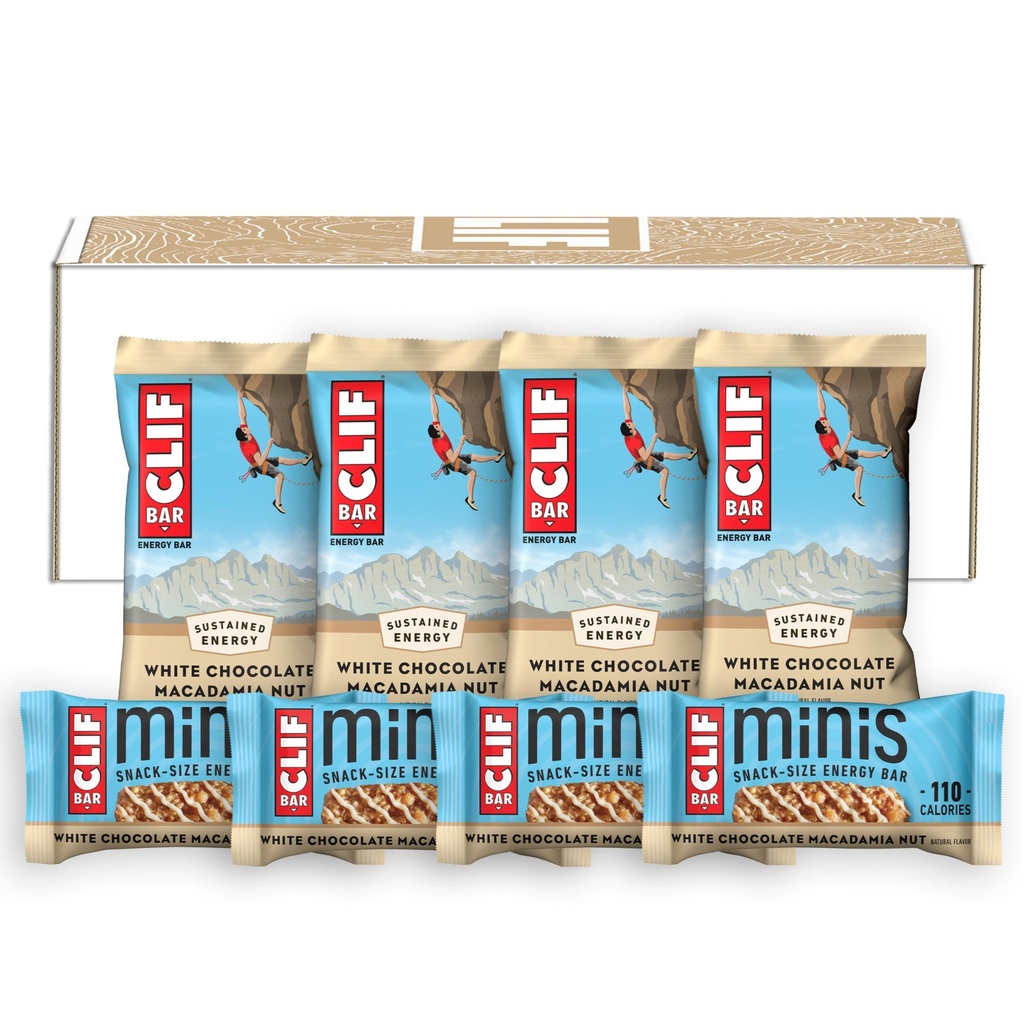 CLIF BAR - Hvit sjokolade Macadamia Nut Flavor - Full størrelse og mini energibarer - laget med organisk havre - ikke-GMO - Plant Basert - 2.4 oz. og 0,99 oz. (20 greve)
