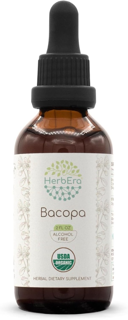 HerbEra Bacopa B60 USDA Organisk Tinktur | Alkoholfri ekstrakt, høy potens Herbal dråper, avslapping, positiv kognitiv effekt | Certified Organic Bacopa (Bacopa Monnieri) tørket urt (2 fl oz)