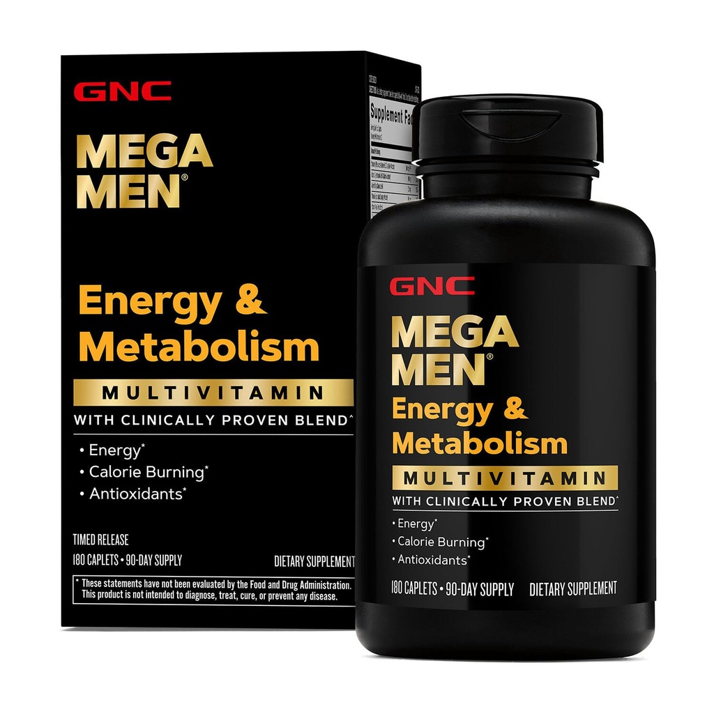 GNC Mega Men Energi & Metabolisme Multivitamin Caplets, klinisk bevist å føle seg bedre, Calorie Burn, Focus, 100 mg koffein, termogene, immune, B vitaminer, timed release, 180 greve, 90 dagers forsyning