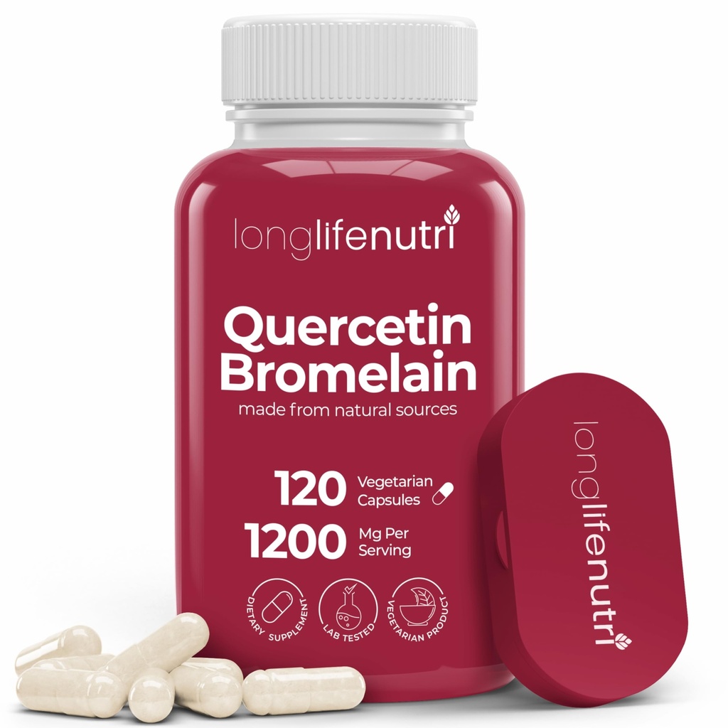 LongLifeNutri Quercetin 1000mg med Bromelain 200mg - 120 Vegetariske kapsler, organisk dihydratkompleks for felles mobilitet og respirasjonsbalanse, 2-måneders forsyning, GMP-sertifisert, laget i USA