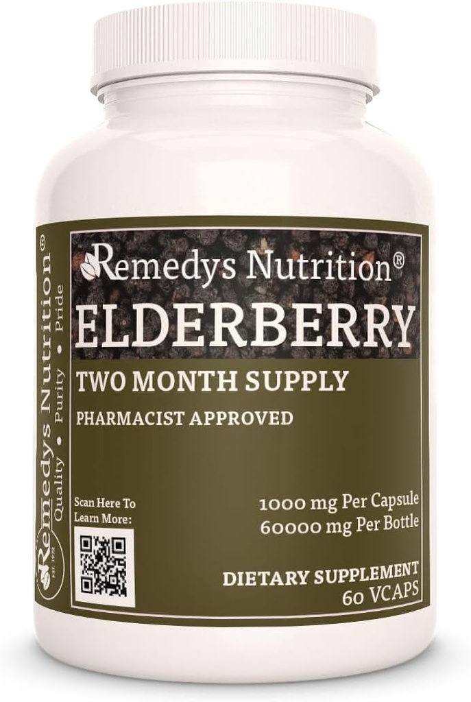 Remedys ernæring Elderberry | 1000 mg, 60 Vegan Capsules Herbal kosttilskudd | to måneders forsyning