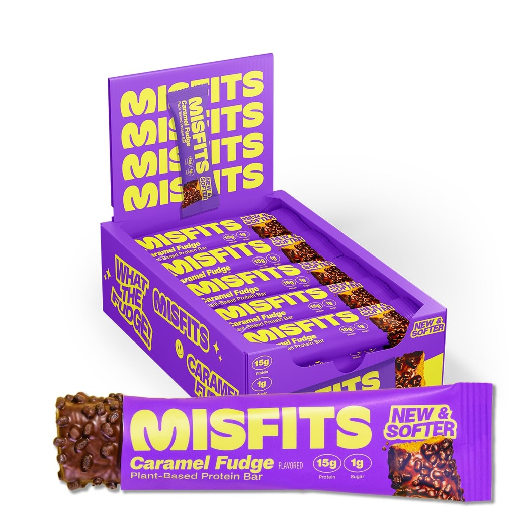 Disfits Vegan Protein Bars, Caramel Fudge - Oppdatert oppskrift ® Plant Basert, Lavt sukker og karbohydrater, Høy Fiber Snacks ® Pakke med 15
