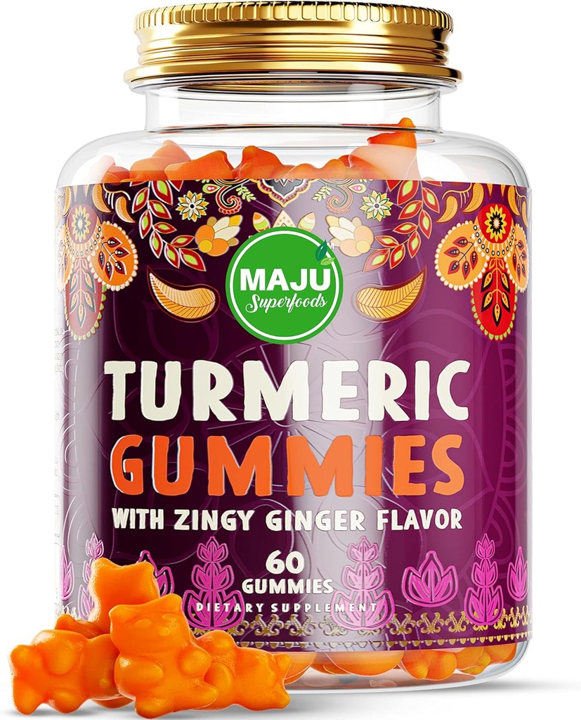 Maju Superfoods Turmeric Curcumin Gummies 60ct, Zingy Ginger smak, svart pepper ekstrakt for forbedret absorpsjon og potens, gummer for voksne og barn