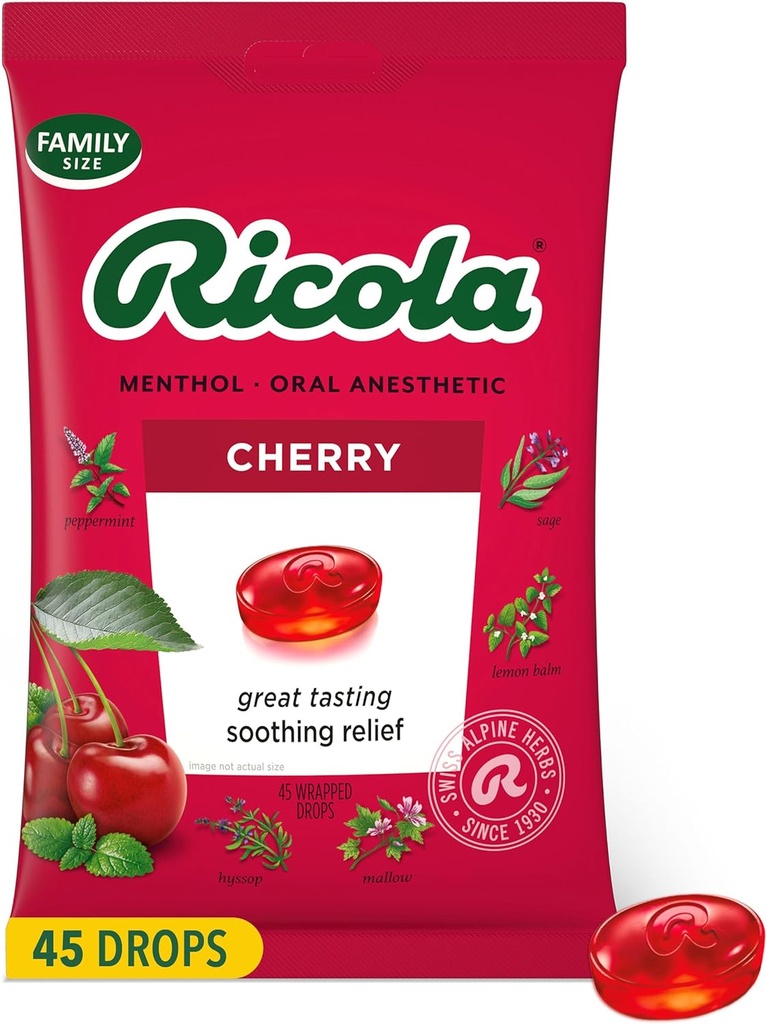 Ricola Cherry Throat Drops, 45 greve, Daglige Drops For Delicious Throat Forfriskning, Oral Anestetisk, naturlig flavored