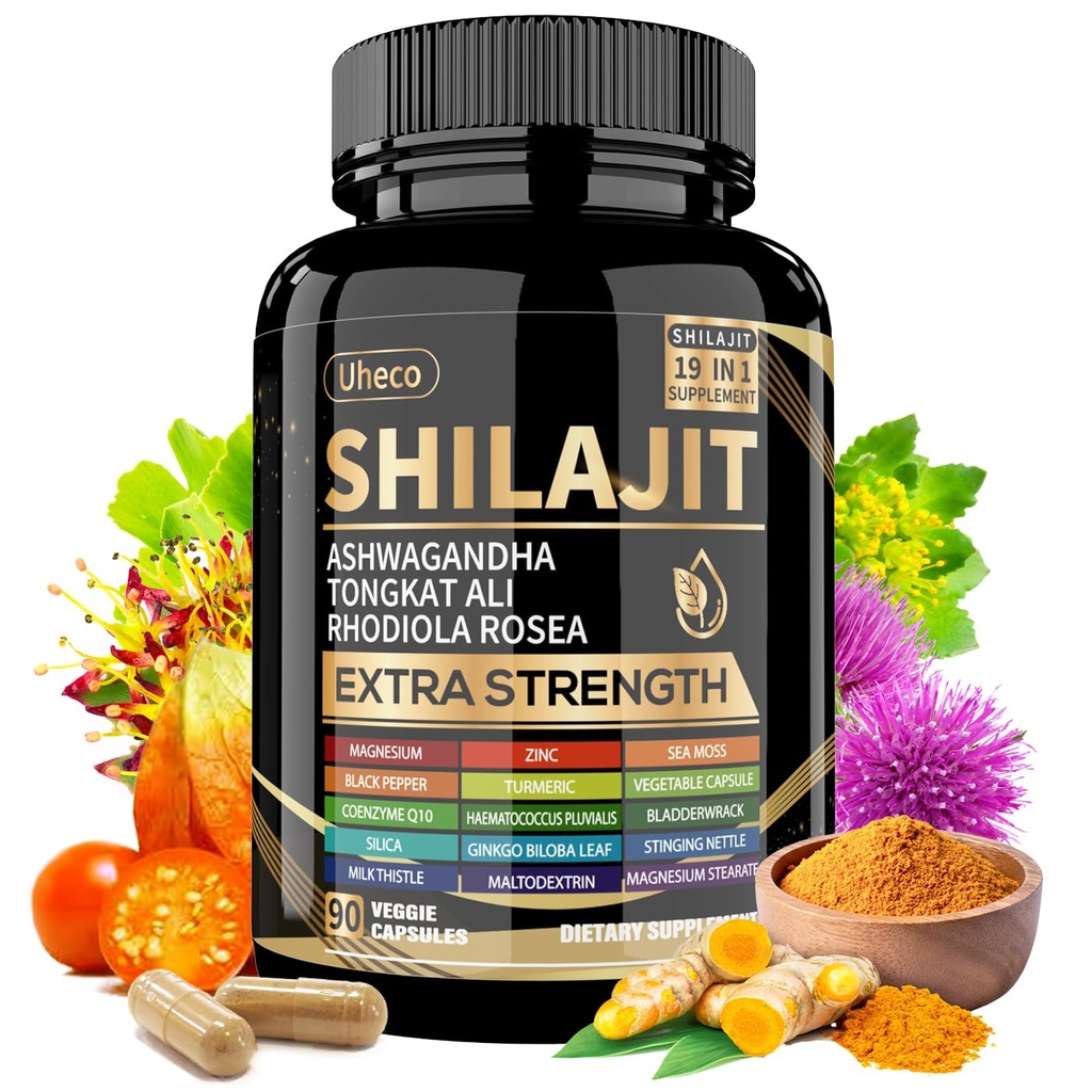 Shilajit Supplement med sjø Moss, Ashwagandha, Tongkat Ali - Shilajit ren Himalayan Organic Fulvic Acid Capsules - 90 Count