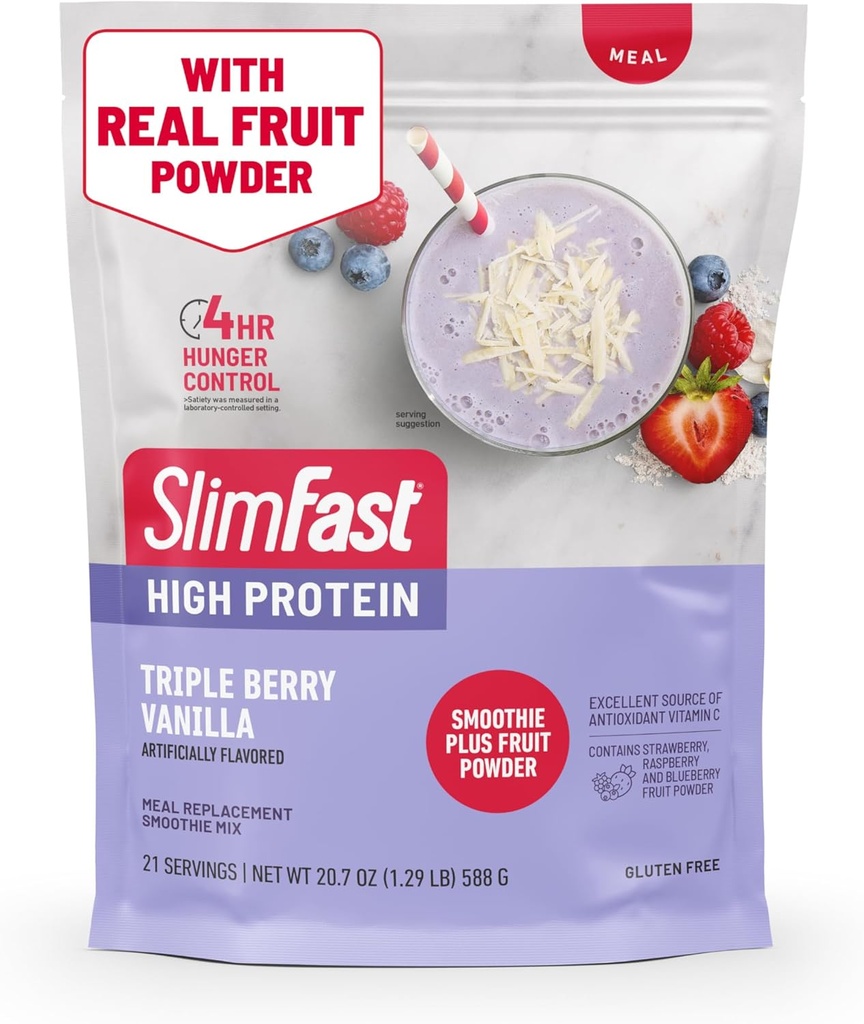 SlimFast høy protein smoothie blanding Plus fruktpulver, høy proteinmåltid erstatning pulver, fiber, vitamin C, 21 serveringer, 1,29 pund, trippel Berry vanilla (pakke May Vary)