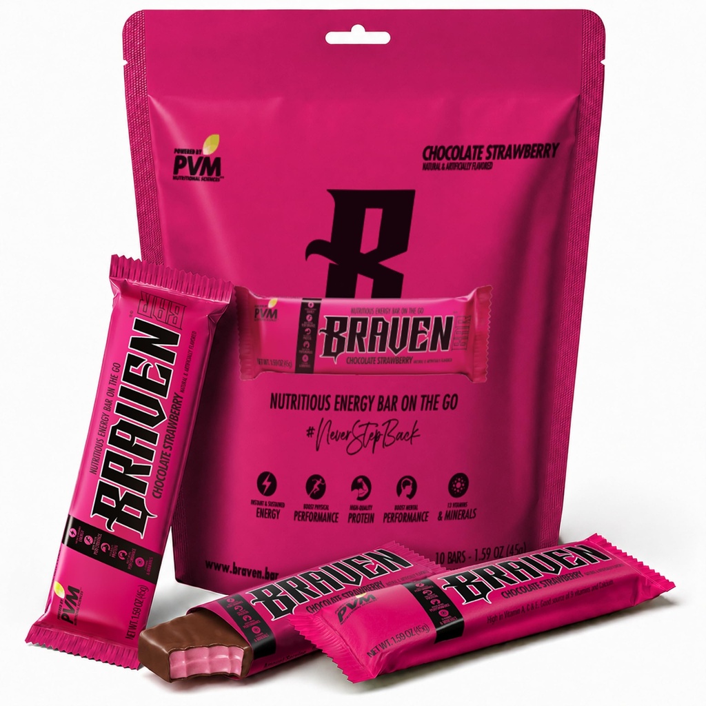 Braven Bar Sjokolade Jordbær Energi Barer (1,59 oz, pakke med 10) - Energi Chews med 5g Protein - On-the-Go Energi Snacks for løping, fotturer og idrett - Glutenfri Snacks for responderbar energi Boost