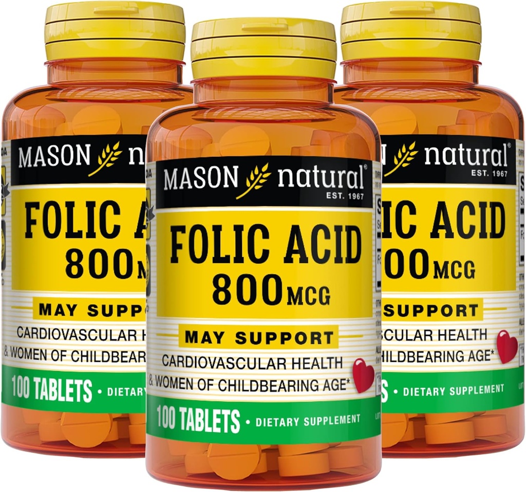MASON NATURAL folsyre 800 mcg - hjelper nervesystemfunksjon, daglig kosttilskudd for helse, humør og prenatal omsorg, for kvinner i fødselsalder, 100 tabletter (pakke med 3)