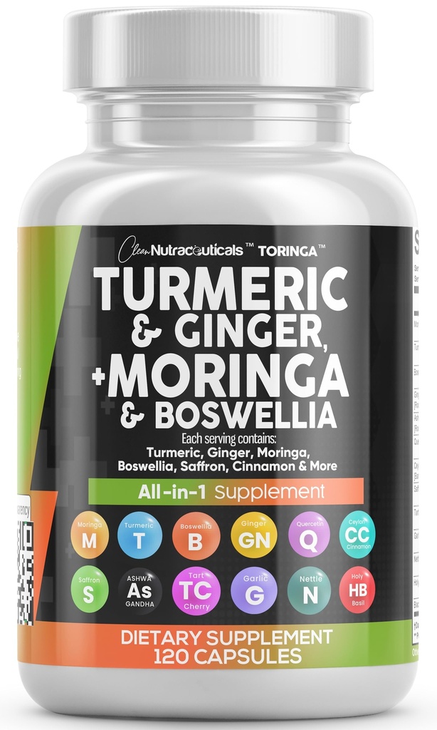 Clean Nutraceuticals Turmeric Moringa Supplement | Ginger Boswellia Saffron - Supplement for kvinner og menn med ceylon kanel, tart Cherry, Quercetin hvitløk Nettle Holy Basil - 1Pack