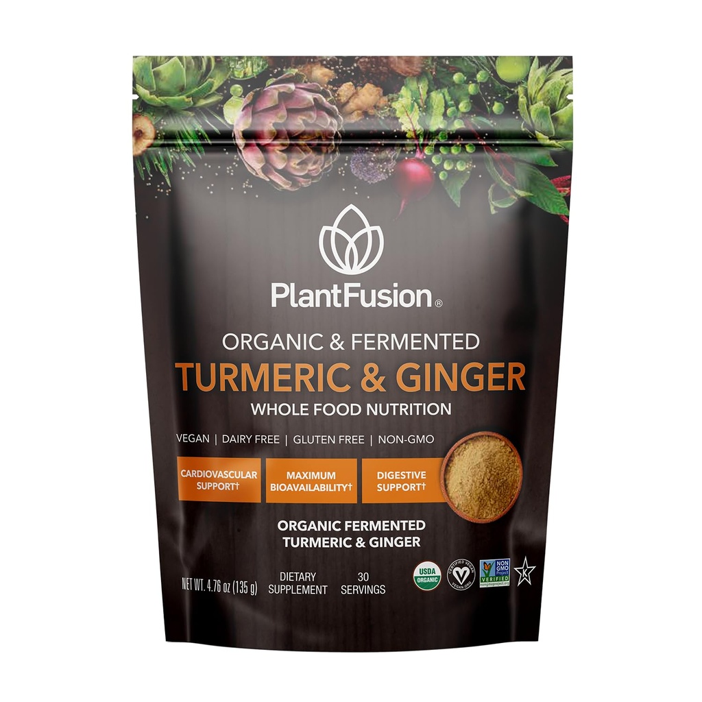 PlantFusion Turmeric og Ginger Drink Mix - Fermentert hele maten ernæring, Herbal Supplement pulver med curcuminoids - USDA sertifisert organisk, ikke-GMO, Vegansk, Glutenfri, 4,76 oz 30
