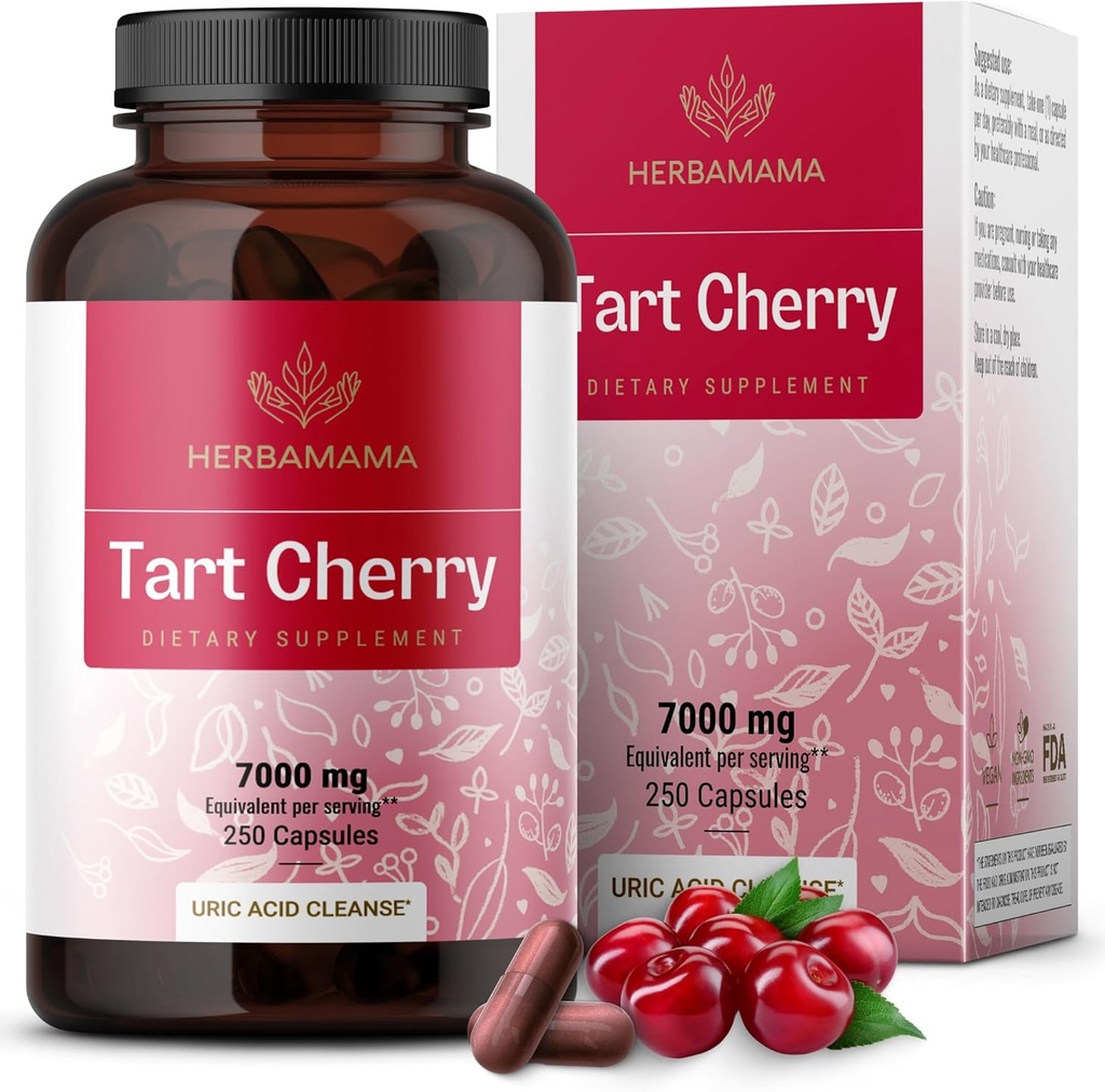 HERBAMAMA Tart Cherry Extract Kapsler - Tart Cherry ekstrakt for uric syre støtte - Vegan, ikke-GMO Antioksidant Supplement