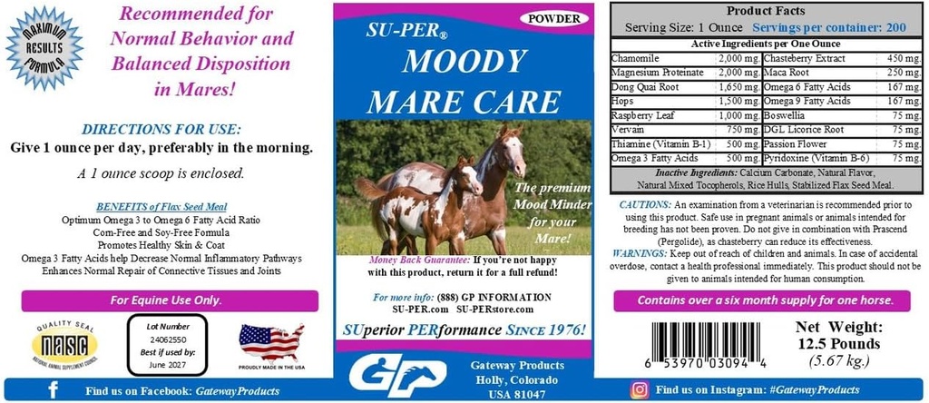 SU-PER Moody Mare Care pulver - Herbal Equine hest Supplement med Chasteberry & Maca Root - 12,5 lbs