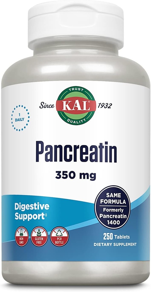 KAL Pancreatin 350mg, Digestive Enzymer for kvinner og menn, Pankreatiske Enzymer for Digestive Helsestøtte, Glutenfri, Ikke-GMO, Rapid Disintegrasjon, 60-dagers garanti, 250 serveringer, 250 tabletter