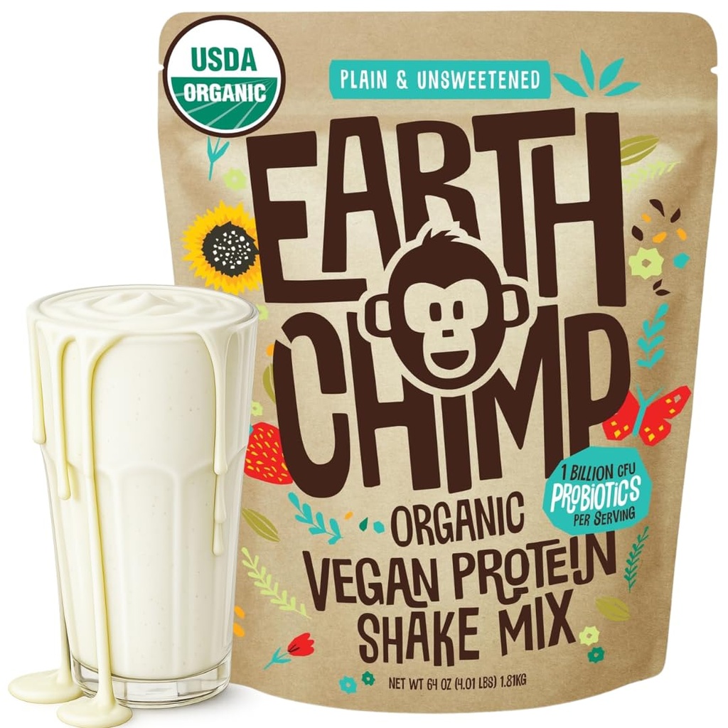 EarthChimp Organic Vegansk Protein pulver - med probiotika - ikke GMO, Dairy Free, Non Whey, Plant Basert Protein pulver for kvinner og menn, Glutenfri - 52 Serveringer, 64 Oz (Plain & Unsweeted)