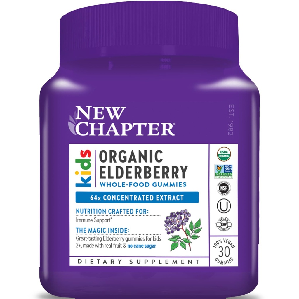 Ny kapittel Elderbær Gummies for barn 2+, USDA Økologisk,64x Konsentrert ren eldrebær for immunstøtte, Great Tasting Helfood Gummies, Vegan & Ikke-GMO, 30 ct