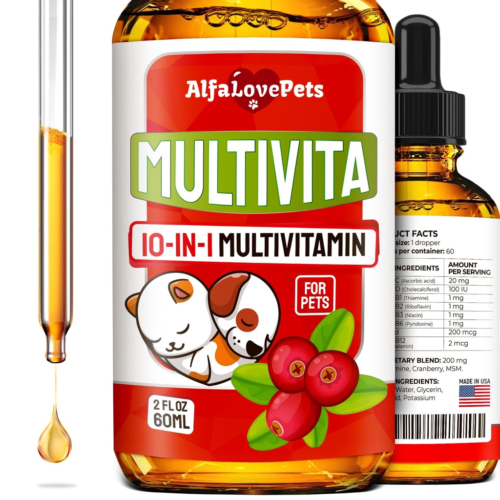 Flytende multivitamin for hunder – Katt multivitaminer for innendørs katter – 10-i-1 flytende hund vitaminer B-kompleks, C, D3 – Digestion, urinasjon, Hip & Joint, Hud & Coat – Cranberry Flavor – 2 Oz