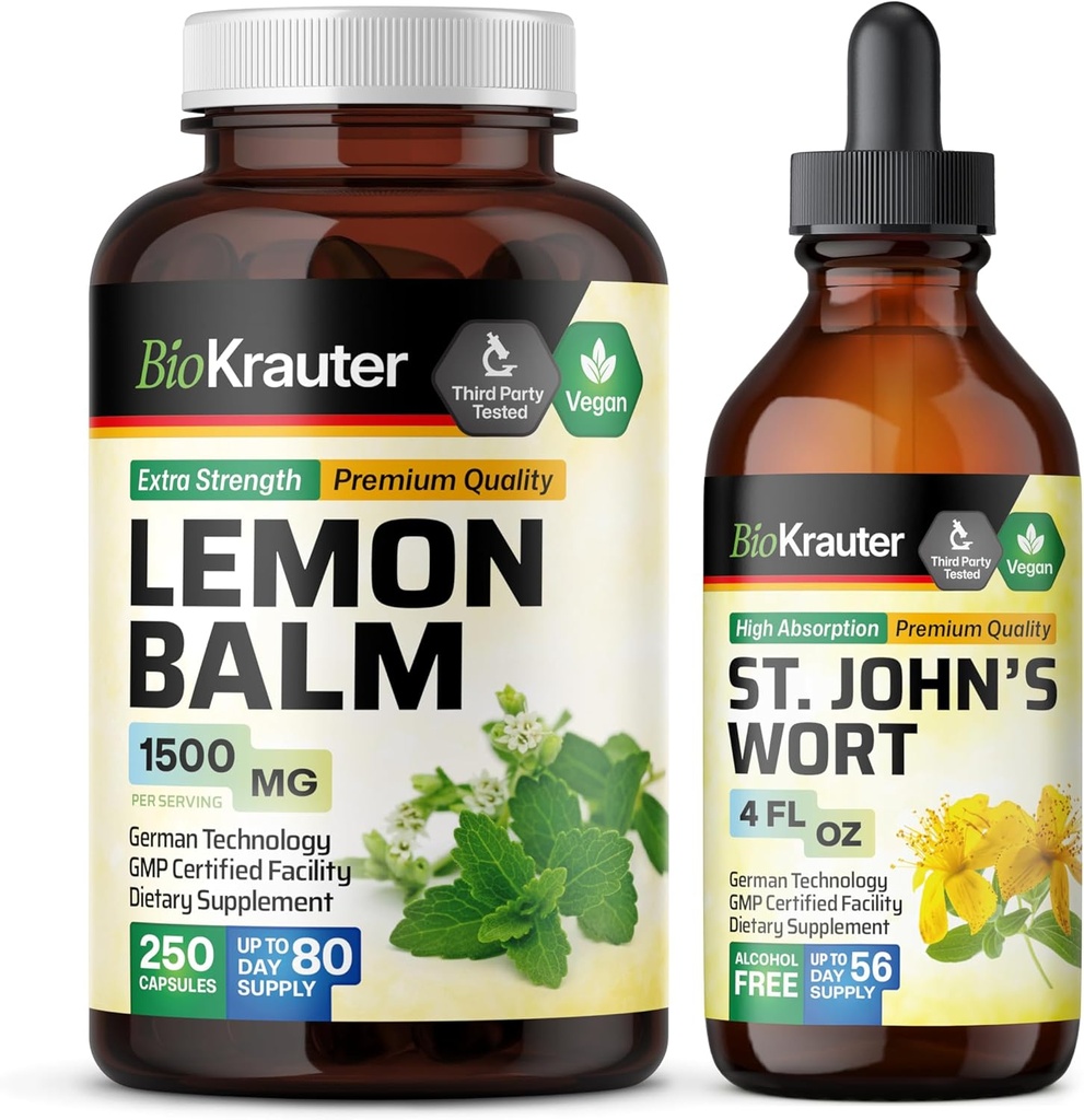 BIO KRAUTER Lemon Balm 250 Kapsler & St. John's Wort Tinkture 4 Fl. Oz.