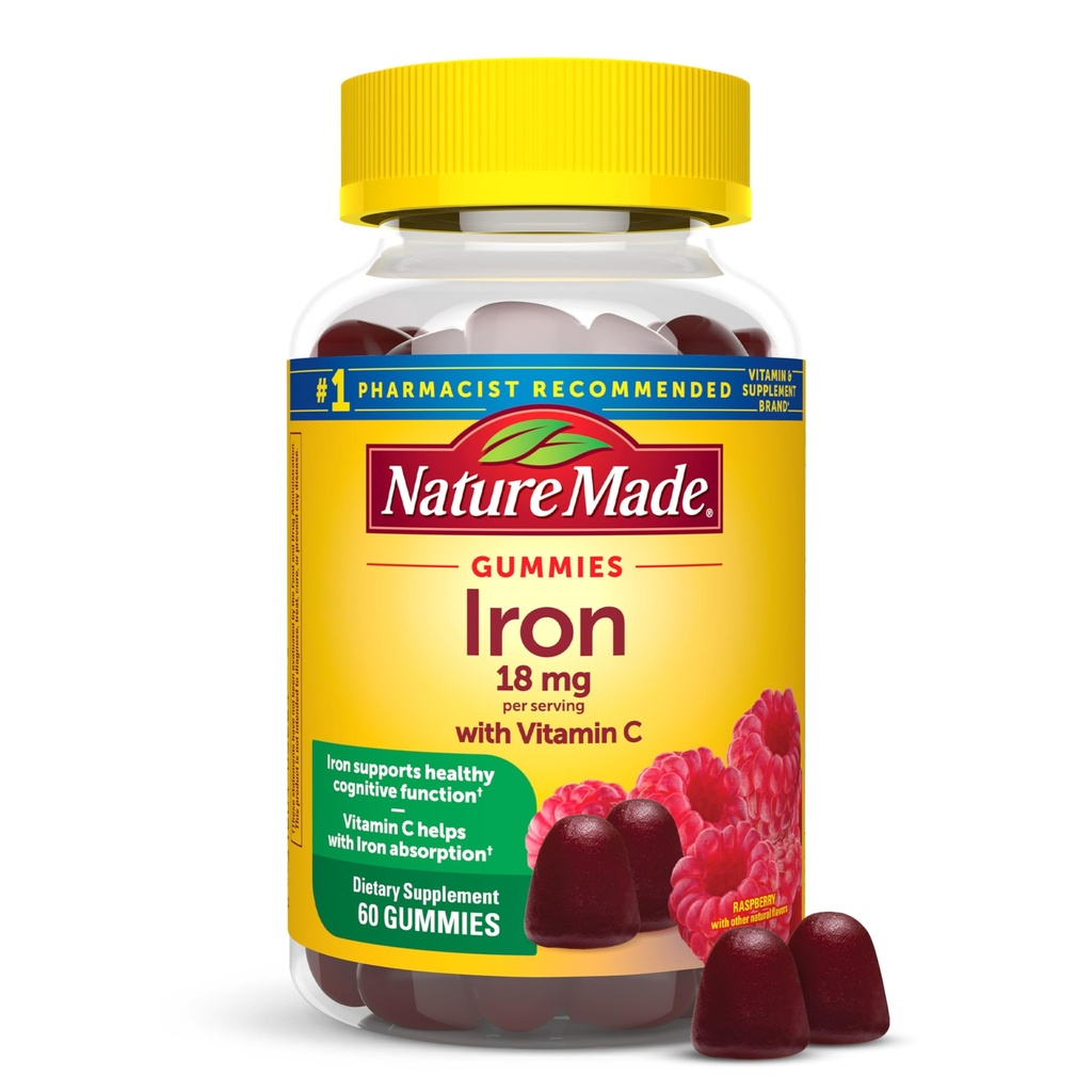 Naturlaget jern 18 mg per servering med vitamin C, kosttilskudd for rødt blod celle støtte, 60 gummier, 30 dagers forsyning