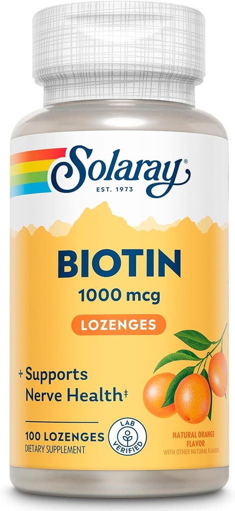 SOLARAY Biotin 1000mcg Lozenges - Biotin Supplement med vitamin A - Nervefunksjon og Cellular Energy Support - Naturlig Orange Juice Flavor, god smak, 60-dagers garanti, 100 serveringer, 100 Lozenges