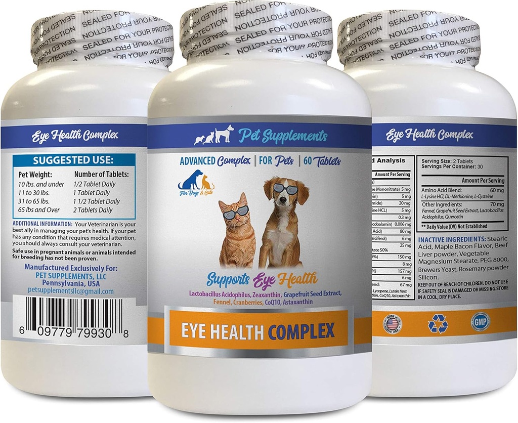 Hunde Eye Vitaminer - PET Eye Health Complex - Hunde og katter - støtter Eye Vision - astaxanthin for hunder, Eye Vision Supplement for hunder og katter, Øye Helse Vitaminer Lutein og zeaxanthin 1Bot 60Tabs