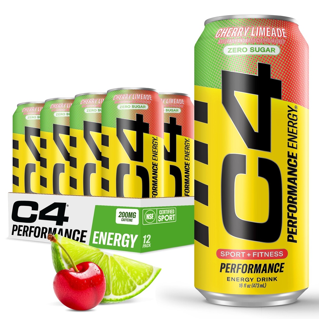 C4 Original Sukkerfri energidrink 16oz (pakke med 12) | Cherry Limeade | Pre Workout ytelsesdrink uten kunstige farger eller dyser