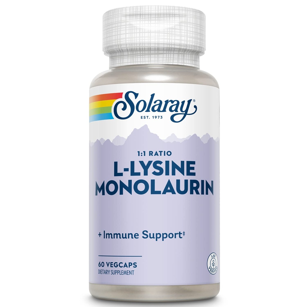 SOLARAY L-Lysine Monolaurin Immune Support Supplement, 1:1 forholdet for immunsystemfunksjon, 500 mg Hver, 60-dagers pengene tilbake garanti, 30 serveringer, 60 Vegkaps