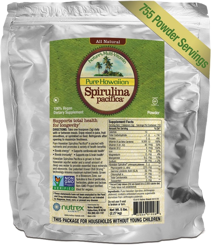 Pure Hawaiian Spirulina pulver 5 lb bulk pose – øker energi og støtter immunitet – vegansk, ikke GMO – naturlig supermat vokser i Hawaii