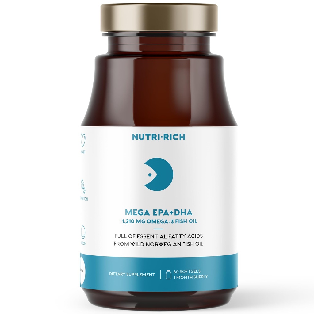 Nutri-Rich Omega-3 fiskolje 1210mg – EPA & DHA for hjerte, hjerne og felles helse – Burp-fri, sitronflavor, gluten & soya gratis, tredjeparts testet (60 Softgels)