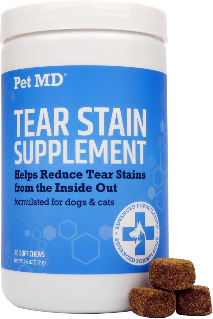 Kjæledyr MD Tear Stain Remover for hunder og katter - Antioksidant Eye Care Supplement med Lutein, Cranberry, & Omega 3 & 6 - Cat & Dog Tear Remover Chews for hvit og lys Fur - 60 ct