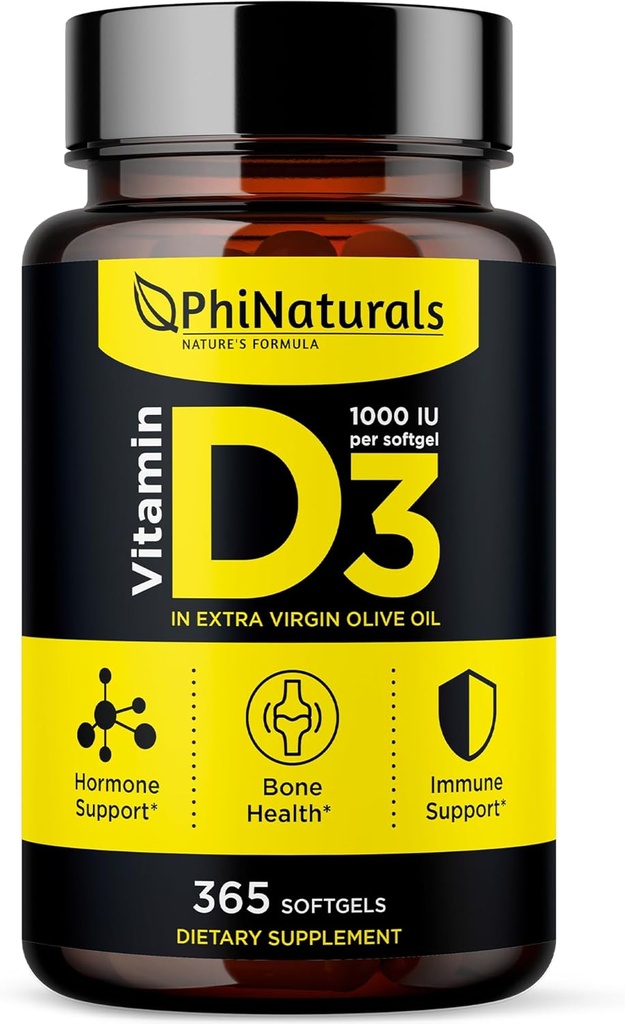 PhiNaturals Vitamin D3 1000iu Softgels Supplement Olive Oil Base 365 Gel Caps Ett år forsyning av VIT D, Vitamina D 3 1000 iu