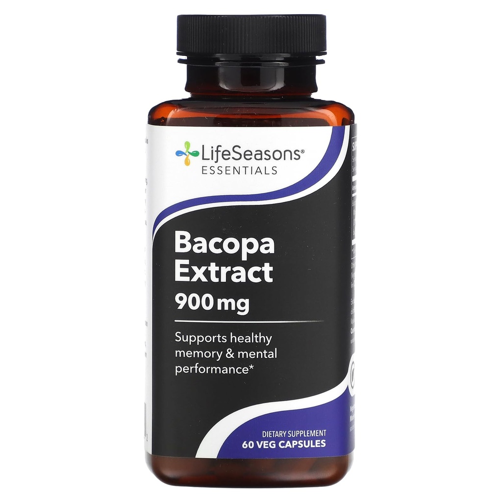 LifeSeasons Essentials - Bacopa Extract Supplement - Support Memory & Mental Focus - Fremmer sunn stressrespons - Økt kognitiv funksjon - 900 mg Per Serving - 60 kapsler