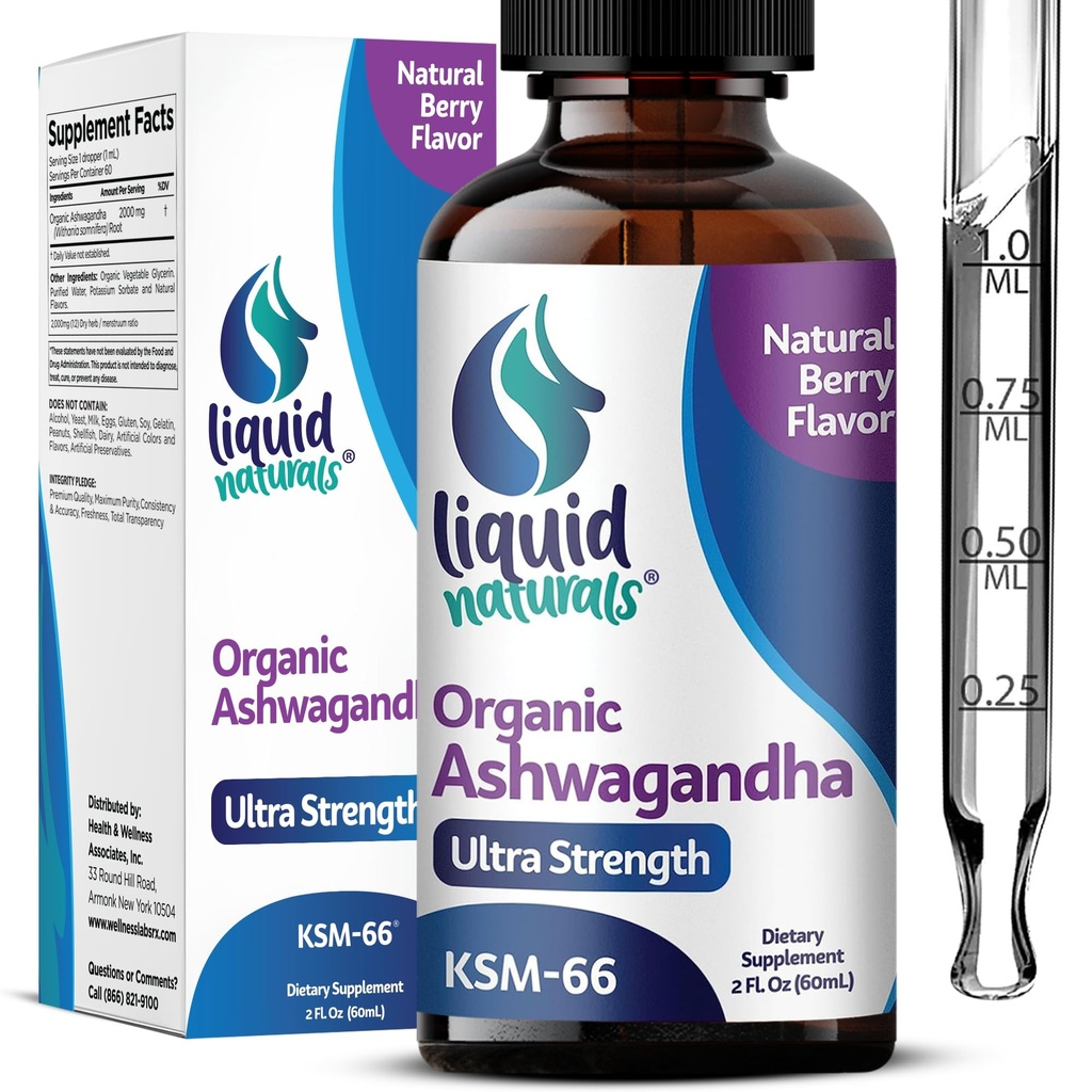 Ashwagandha KSM 66 Drops, 2000mg naturlig Berry Flavor - Ashwagandha Kosttilskudd for kvinner, Ksm-66 Ashwaganda ekstrakt for immunstøtte, ytelse, hjertehelse - 60 Serveringer