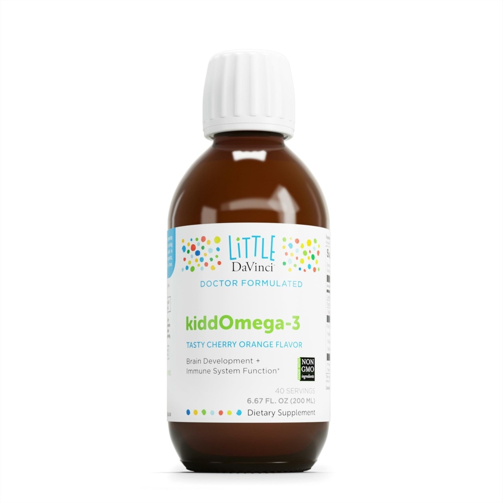 DAVINCI Labs kiddeOmega-3 - flytende Omega-3 Supplement for barn - for immunsystem, fokus og hjernestøtte* - med Monk Frukt, DHA, EPA og mer - Cherry Orange Flavor - 200ml